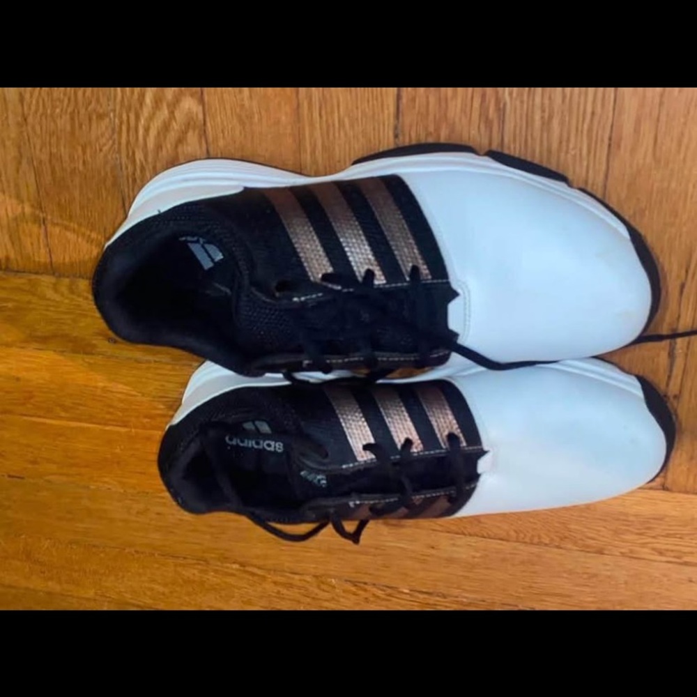 Adidas Golf Shoes White with Black and Metallic Bronze Stripes